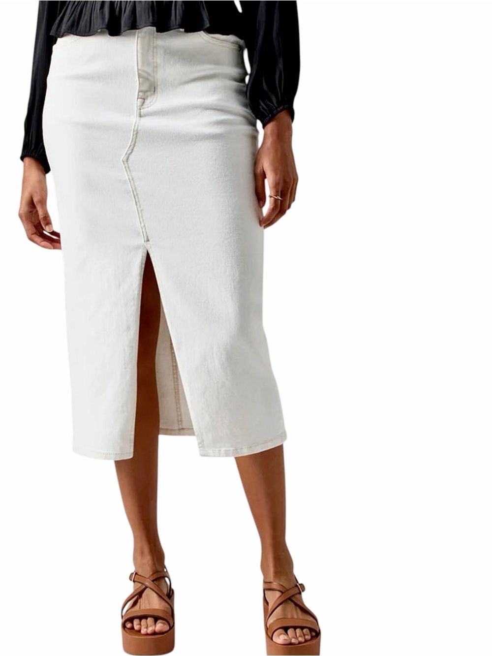 NWT – Sanctuary – High Rise Denim Midi Skirt Front Slit Ivory Cream – Sz. 26